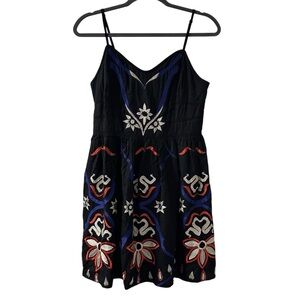 Free People Black Mini Dress with Blue and Red Embroidery Sz 8
